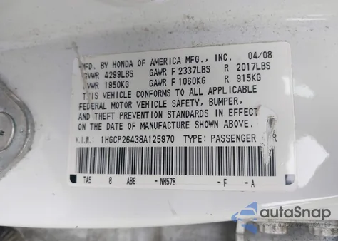 2008 Honda Accord 2.4 Lx-P from USA, damaged, VIN 1HGCP26438A125970